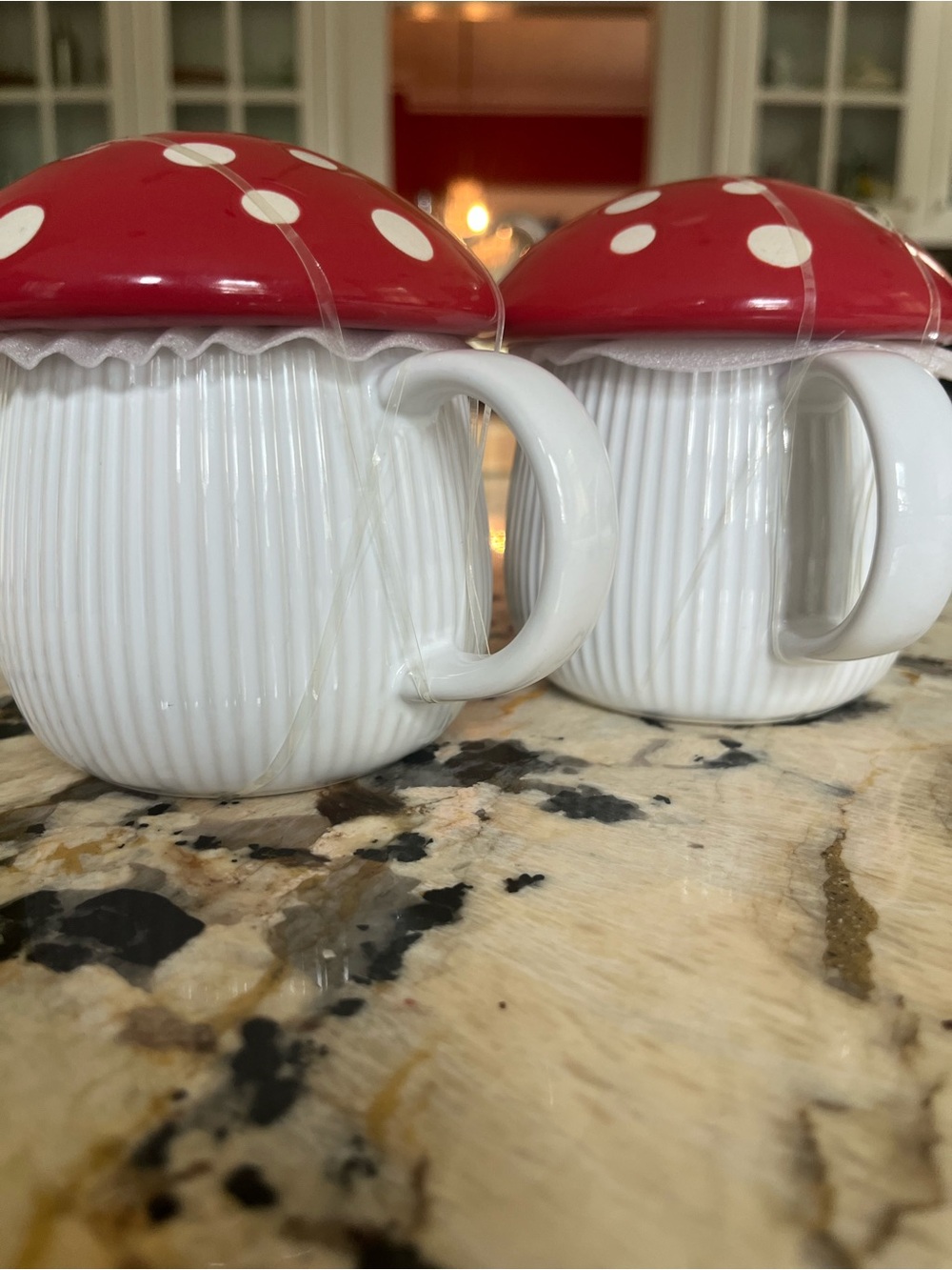 Pair of White Ceramic Mushroom Mugs with Red Polka-Dot Lids from World Market - Picture 4 of 4